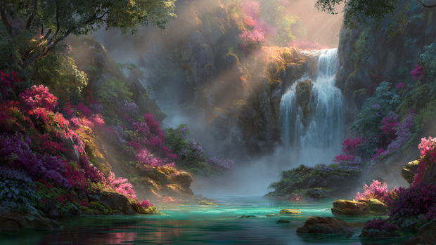 16 Natural Stone Waterfall for Hillside Beauty and Relaxation 17 Misty hillside waterfall with colorful plants and relaxing natural ambiance.