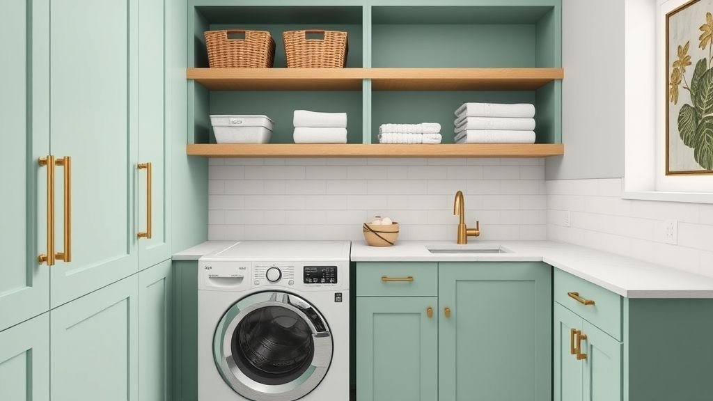 Laundry Room Ideas for Organized and Stylish Living 2 Calm laundry room with mint cabinets, quartz countertop, and wicker baskets.