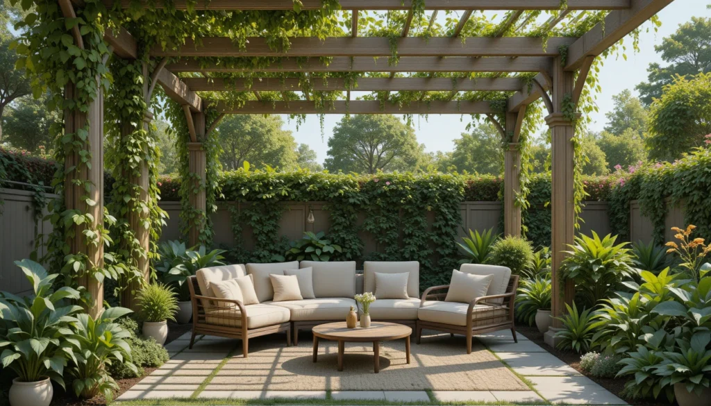 Home Garden Ideas for a Beautiful and Peaceful Outdoor Space 16 Cozy shaded corner in garden with pergola, cushions, and hanging plants.