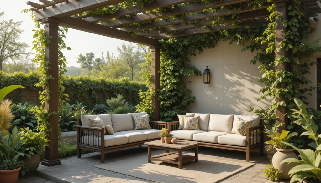 Home Garden Ideas for a Beautiful and Peaceful Outdoor Space 13 Cozy shaded corner in garden with pergola, cushions, and hanging plants.