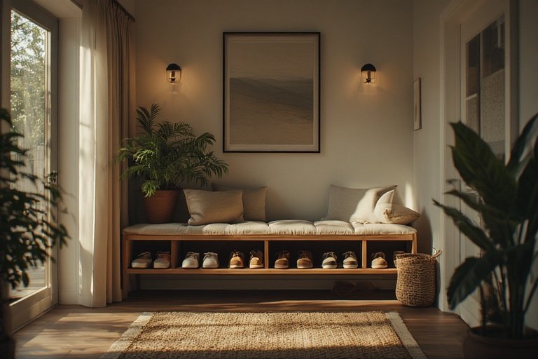 Shoe Storage Ideas for a Stylish and Organized Home 6 Modern entryway with a cushioned bench and built-in cubbies for shoe organization.