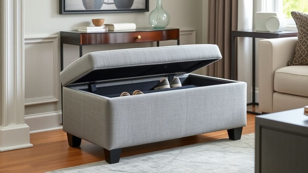 Shoe Storage Ideas for Stylish and Organized Homes 13 Gray ottoman with hidden shoe storage inside a modern living room.