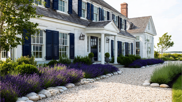 Coastal home featuring navy shutters and white siding with a beach-style pathway.