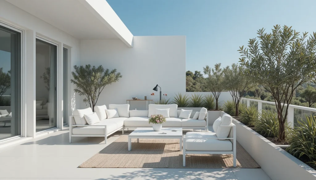 16 Stylish Balcony Ideas to Elevate Your Home Design 17 Minimalist white balcony with olive plants and sleek modern design.