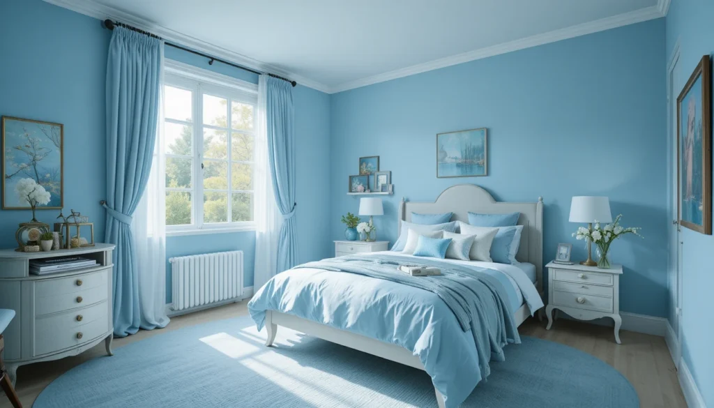 Cozy Home Interiors for Comfort and Timeless Charm 6 A cozy bedroom in sky blue shades with soft morning light and minimal decor.