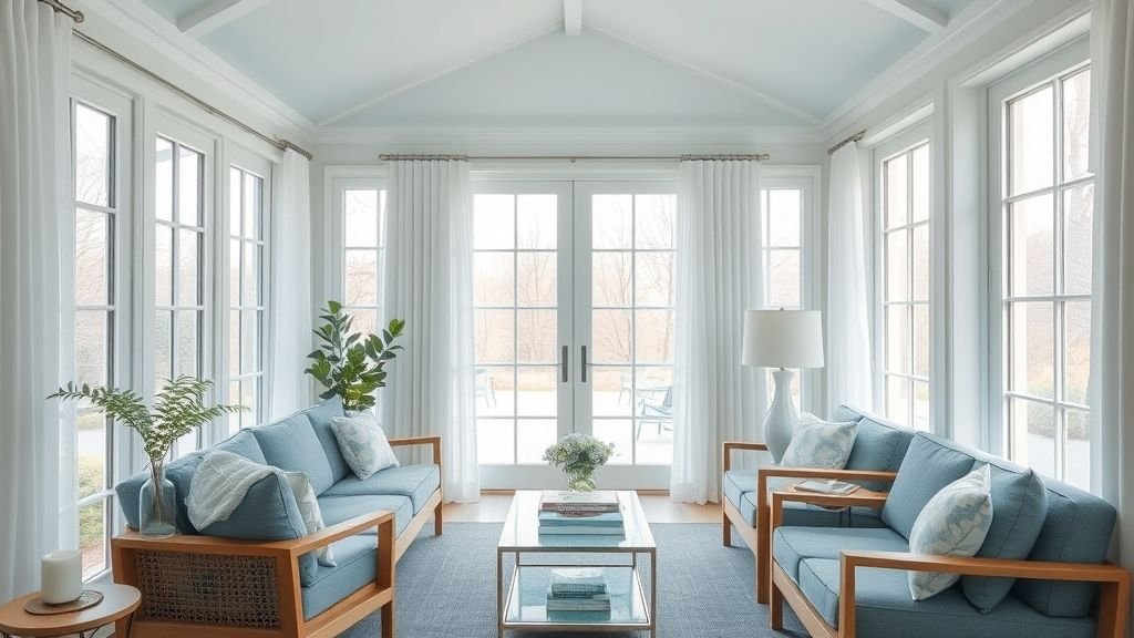 Sunroom Design Ideas for Bright and Relaxing Spaces 3 relaxing sky-blue sunroom with natural wood accents and sunlight