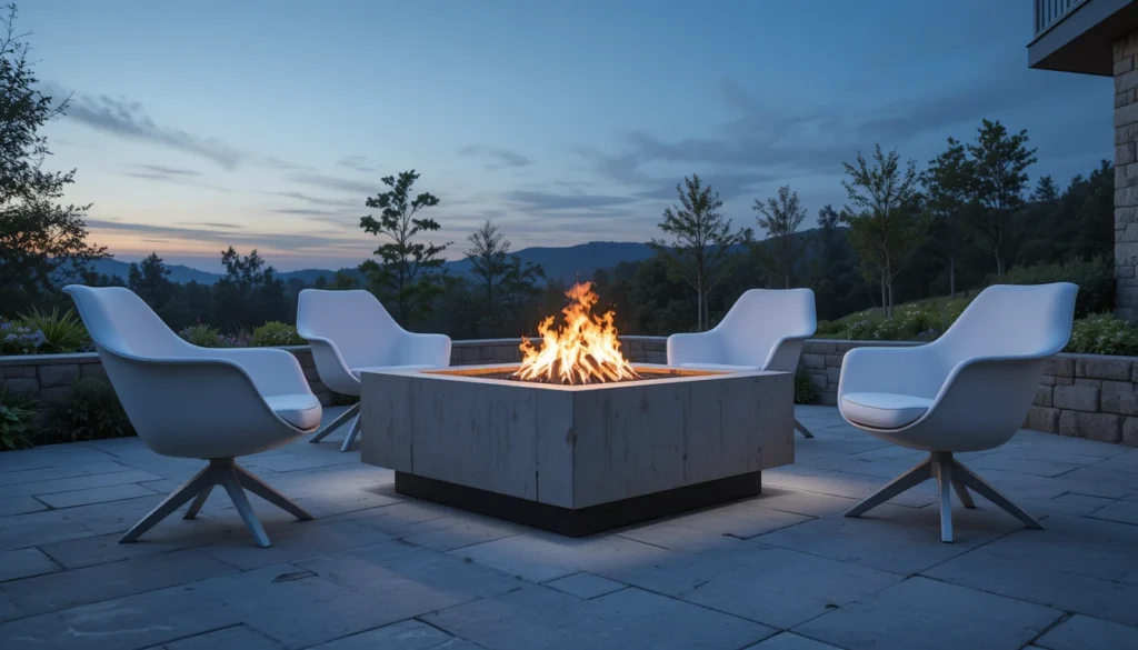 16 Cozy and Modern Backyard Fire Pit Ideas 2 Modern concrete fire pit with minimalist chairs and warm firelight at dusk.