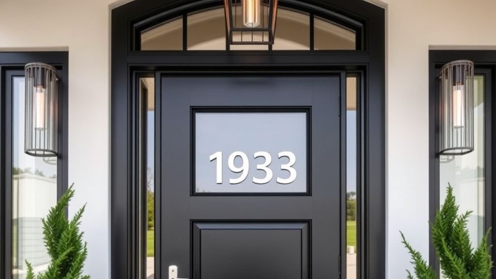 Modern entryway with metallic finishes, house numbers, and geometric lighting.