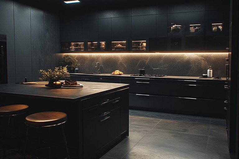 Modern Kitchen Ideas for Stylish and Functional Spaces 5 Sleek black modern cabinets with LED lighting in a minimalist kitchen.