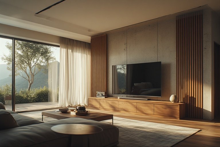 A modern living room with sliding wooden panels hiding the TV for a minimalist aesthetic.