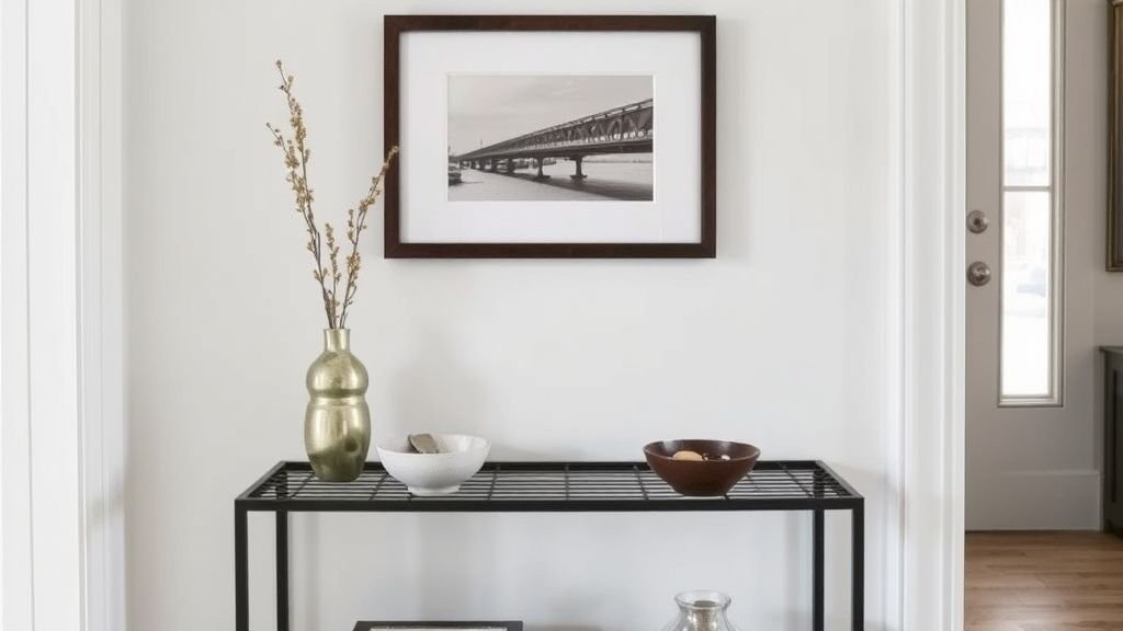 16 Functional Entryway Organization Tips for Everyday Living 7 Narrow console table in entryway with decorative accents and key bowl.