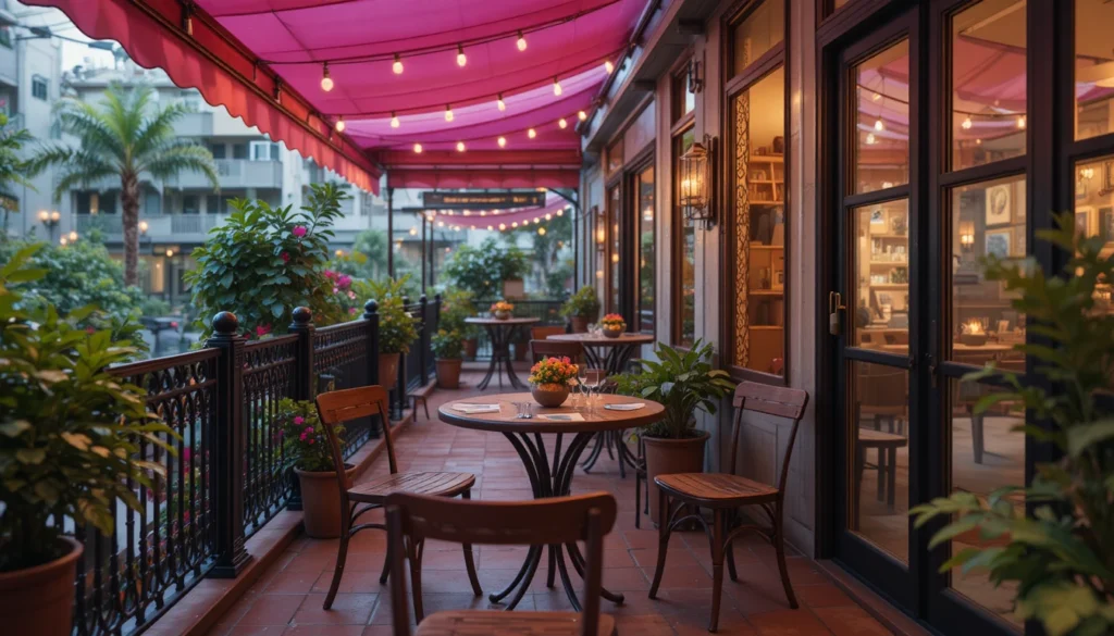 Beautiful Balcony Ideas for Every Home 5 Balcony with round wooden dining set, red tiles, and pink ceiling glow.