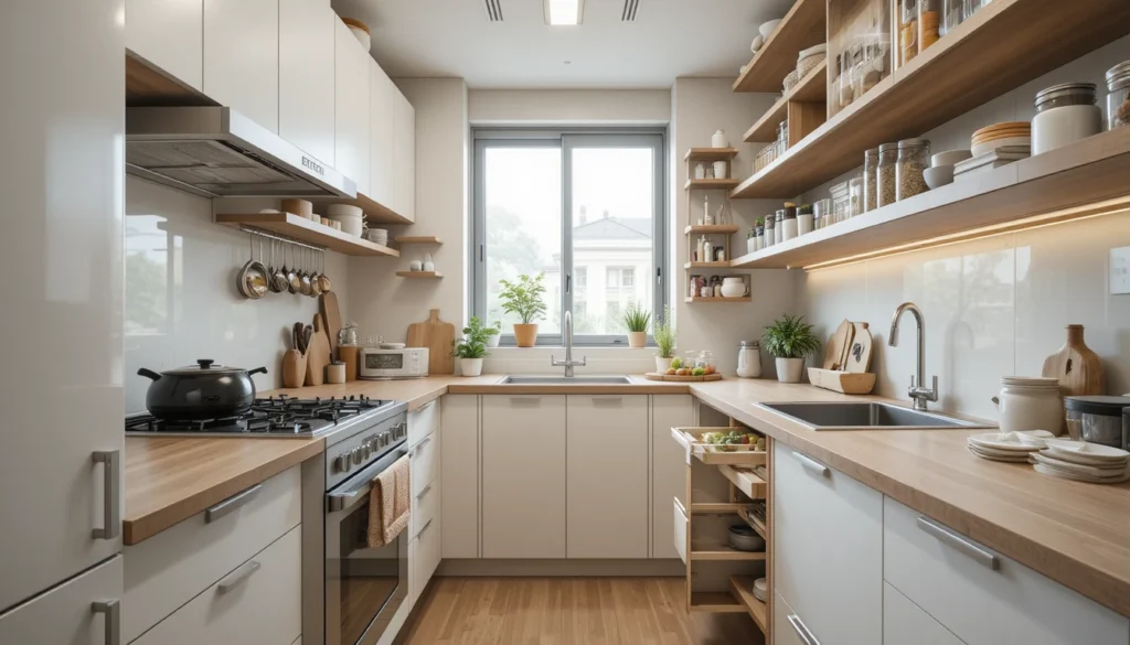 Kitchen Ideas: Inspiring Home Décor Tips for Every Style 4 Small kitchen with clever storage ideas including pull-out drawers and vertical shelving.