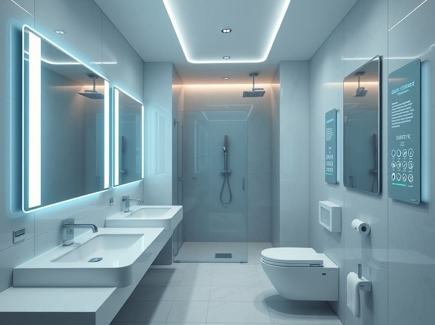 Bathroom with smart technology including digital shower controls and LED mirrors.