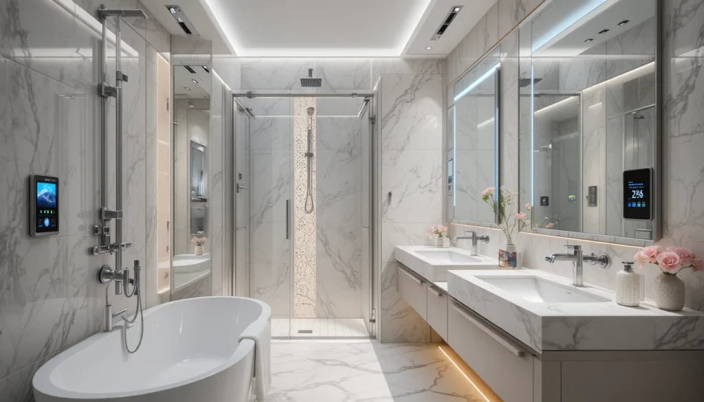 Luxury Bathroom & Shower Design Ideas 7 Modern smart bathroom with digital controls and touch-activated mirrors.