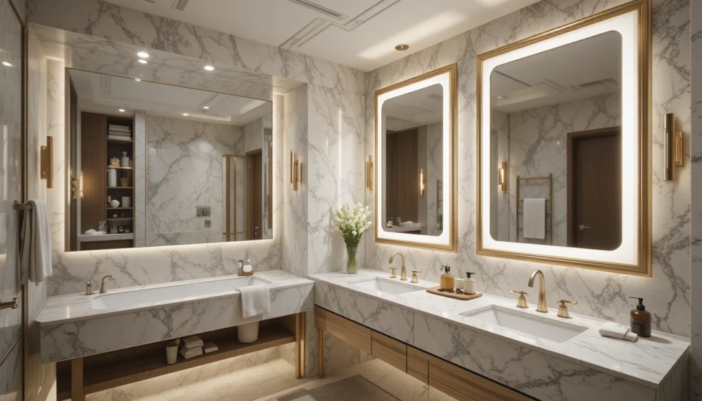 Luxury Bathrooms Inspiration 6 Smart lighting design in luxury bathroom with LED mirrors and marble textures.