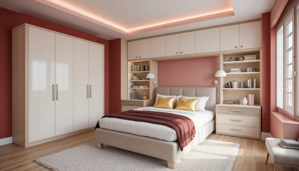 Modern Bedroom Ideas for a Dreamy Space 6 Organized bedroom with clever storage solutions including wall shelves and built-in wardrobes.