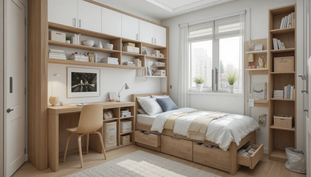 Modern kids’ room with smart storage, drawers, and wall shelves.