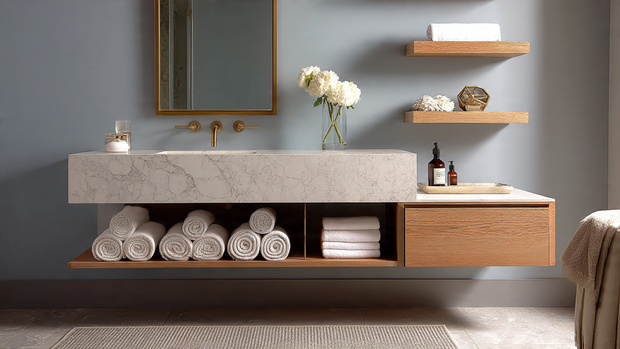 16 Luxurious Bathroom Design Ideas for a Spa-Like Retreat 9 Sleek bathroom with floating vanity and hidden smart storage solutions.