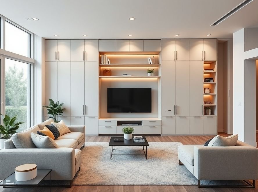 Modern Living Room Designs: Stylish Ideas for a Contemporary Home 9 Modern living room with smart storage solutions and minimalist built-in cabinetry.