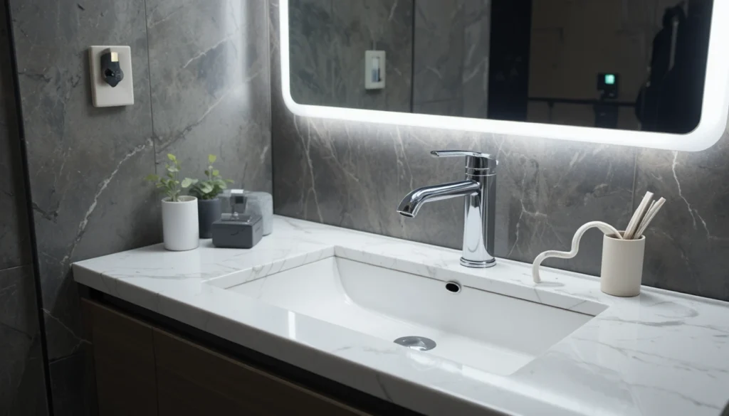 16 Bold and Beautiful Bathroom Vanity Ideas for Apartments 14 Smart vanity with LED mirror and built-in charging station in apartment bathroom.