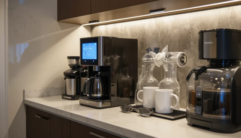 Coffee Bar Ideas for a Stylish and Cozy Home Setup 17 Modern coffee bar with smart coffee maker and digital mug warmer.