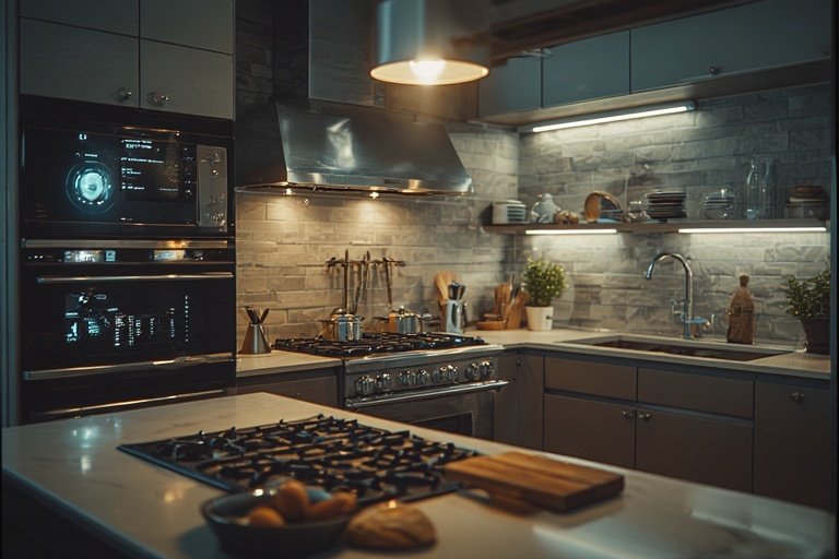 Modern Kitchen Ideas for Stylish and Functional Spaces 4 Smart kitchen with digital appliances and sleek stainless design.