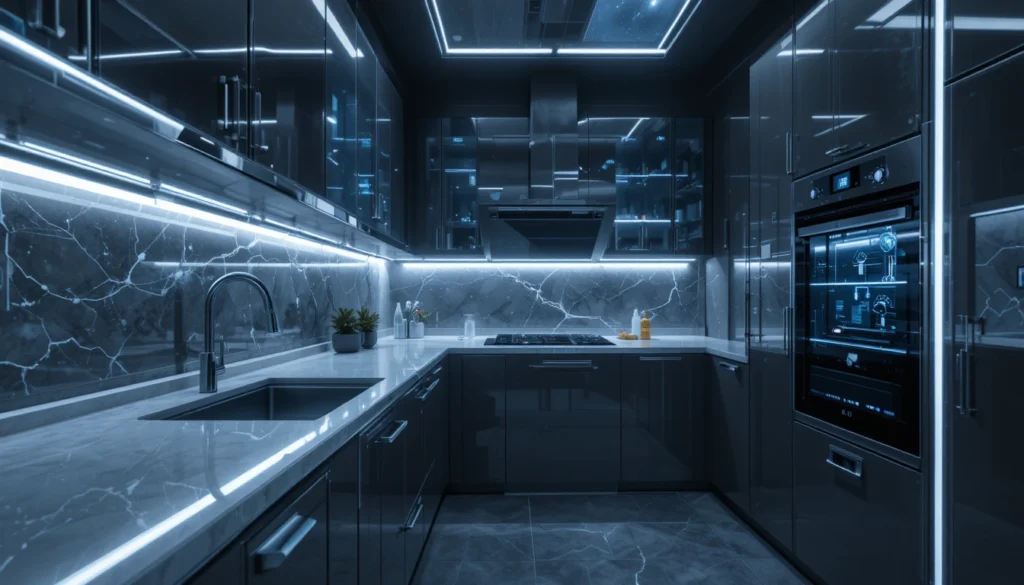 Modern Kitchen Design for Stylish Functional Living 5 High-tech modern kitchen with touchless faucets, smart lighting, and stainless-steel smart appliances.