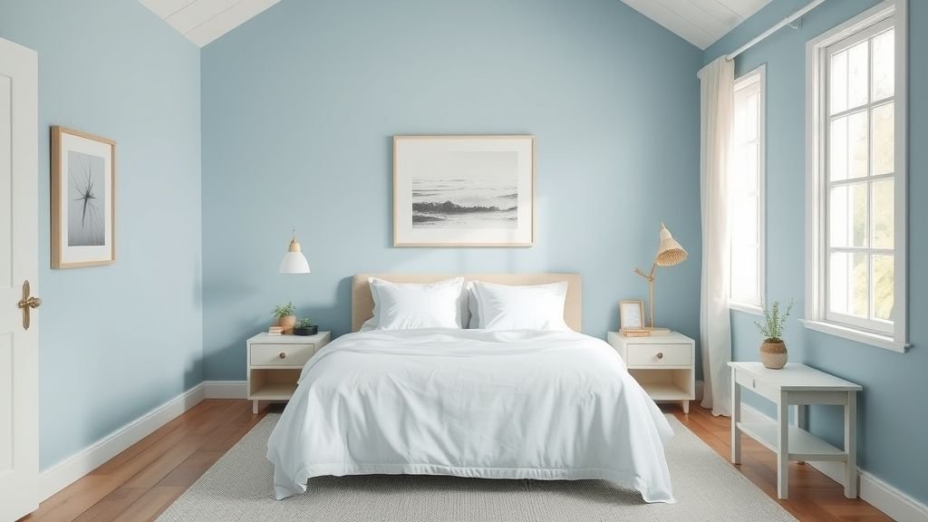 Home Decor Ideas for a Stylish and Inviting Space 6 Coastal-inspired bedroom with soft blue walls, light wood furniture, and white bedding.