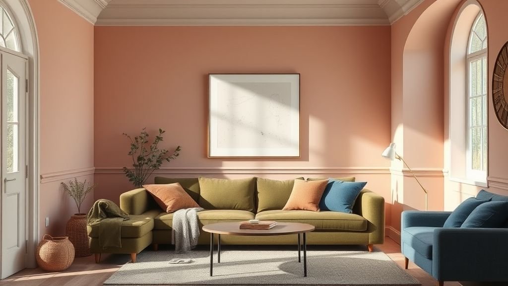 Cozy Home Interiors That Speak Emotion and Style 4 Calming room with clay pink walls, moss green sofa, and earthy tones blending into a serene color palette.