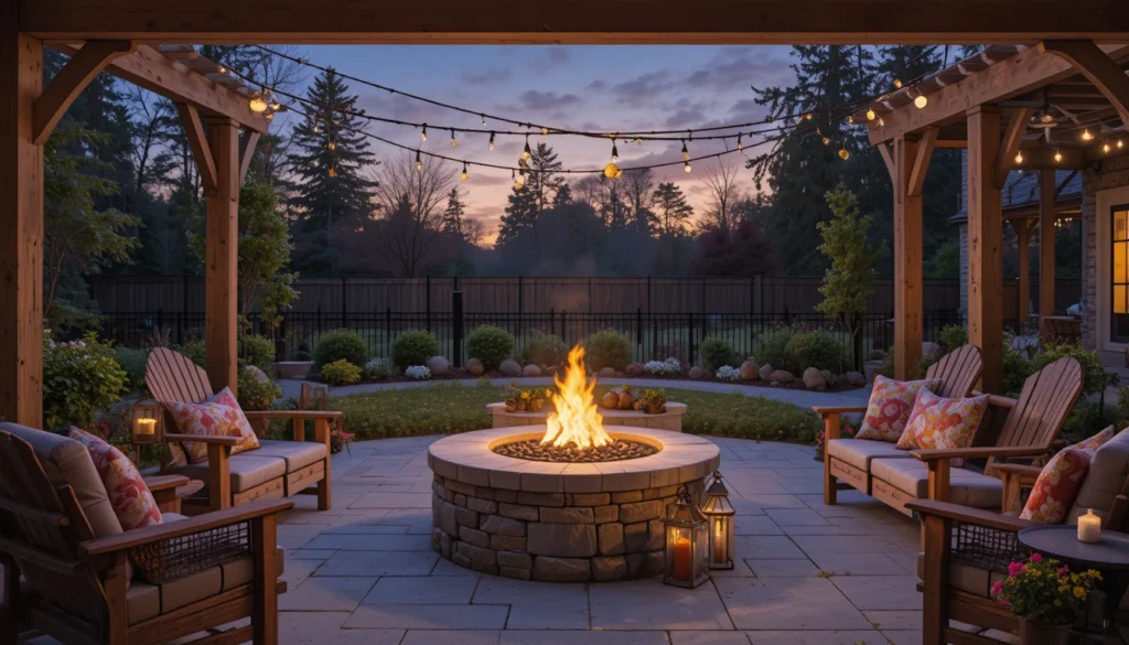 Cozy Patio Fire Pit Ideas for a Warm Outdoor Space 6 Fire pit with lanterns and string lights creating cozy patio ambiance.