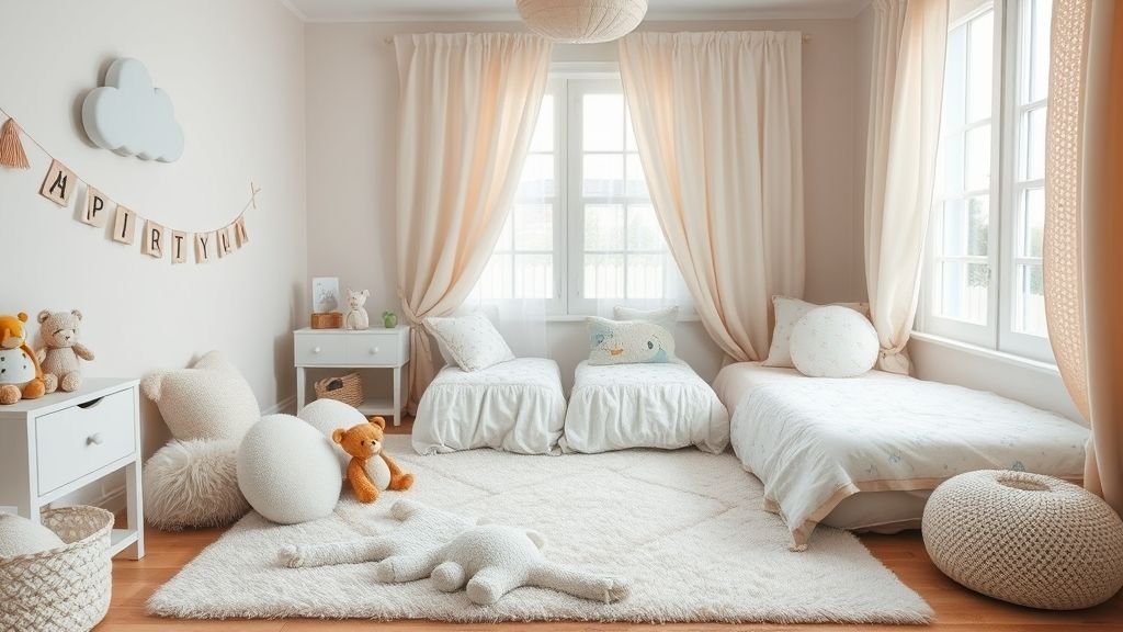 16 Whimsical Kids Room Ideas to Brighten Your Home Decor 6 Kids room with fluffy rug, soft blankets, and animal-themed cushions.