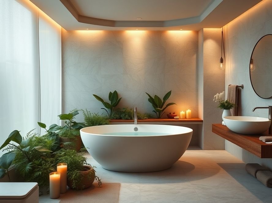 Spa-inspired bathroom ambiance with warm lighting, candles, and natural textures.