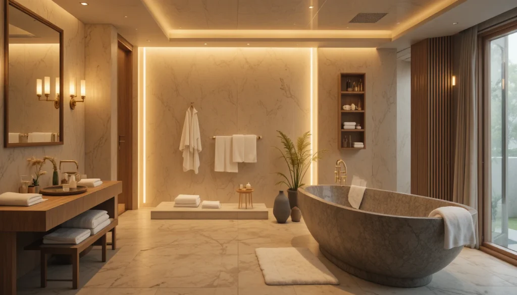 Luxury Bathrooms Inspiration 3 Spa-inspired serene bathroom with soft lighting, natural stone, and wood accents.