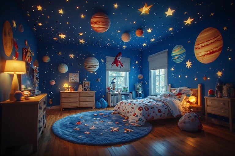 Kids’ space-themed room with rocket décor, star decals, and astronaut bedding.