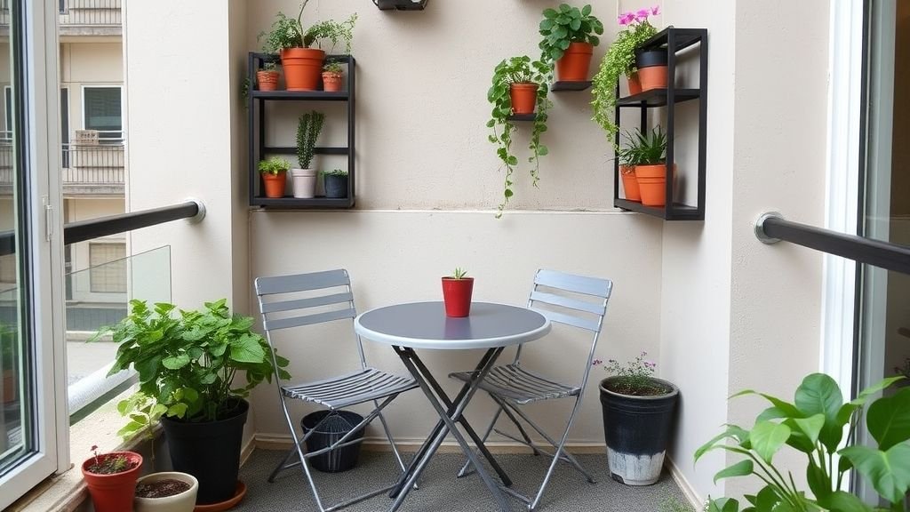 16 Stylish Balcony Ideas to Elevate Your Home Design 4 Compact balcony with foldable furniture and vertical plant shelves.