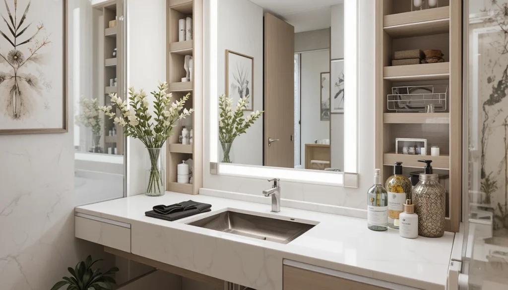 16 Bold and Beautiful Bathroom Vanity Ideas for Apartments 5 Compact vanity with hidden storage and LED lighting in modern apartment bathroom.