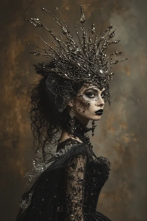 Trendy Halloween Outfit Ideas for a Stylish Spooky Season 11 A woman wearing a black web-patterned outfit and crystal crown, representing the 2025 “Spider Queen” Halloween look.