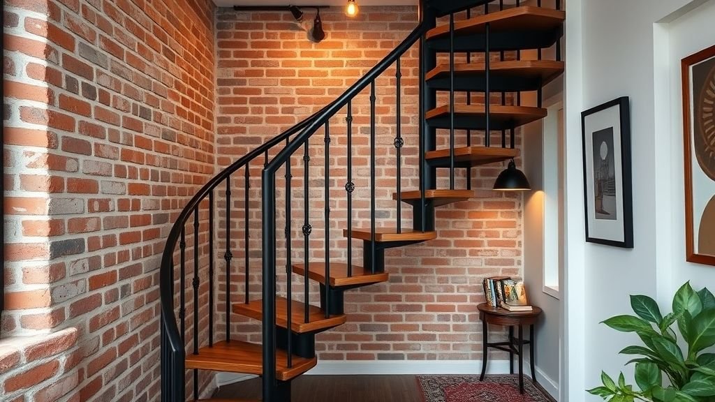 Staircase Design Ideas to Transform Your Home 3 Spiral staircase with black railing, oak steps, and exposed brick in a small loft apartment.