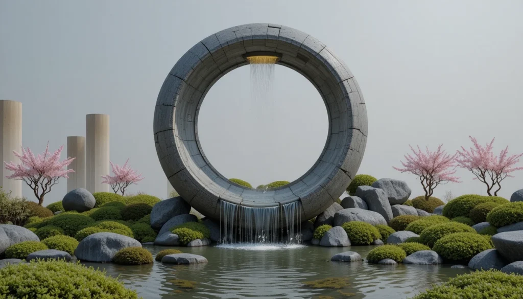 Backyard Water Features for a Tranquil Outdoor Escape 3 Spiral-shaped cascading stone fountain with glowing lights in a modern garden