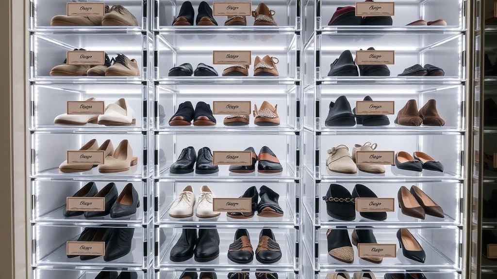 Shoe Storage Ideas for Stylish and Organized Homes 7 Transparent stackable shoe boxes neatly organized in a modern closet.