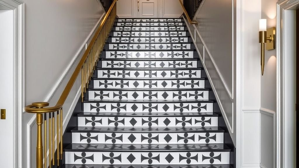 Staircase Makeover Ideas to Transform Your Home 16 black and white patterned staircase with brass handrails and accent lighting