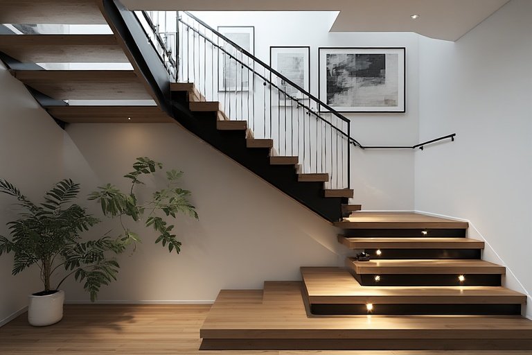Modern staircase with floating wooden steps, black metal railing, recessed lighting, and a gallery wall for a stylish and elegant home design.