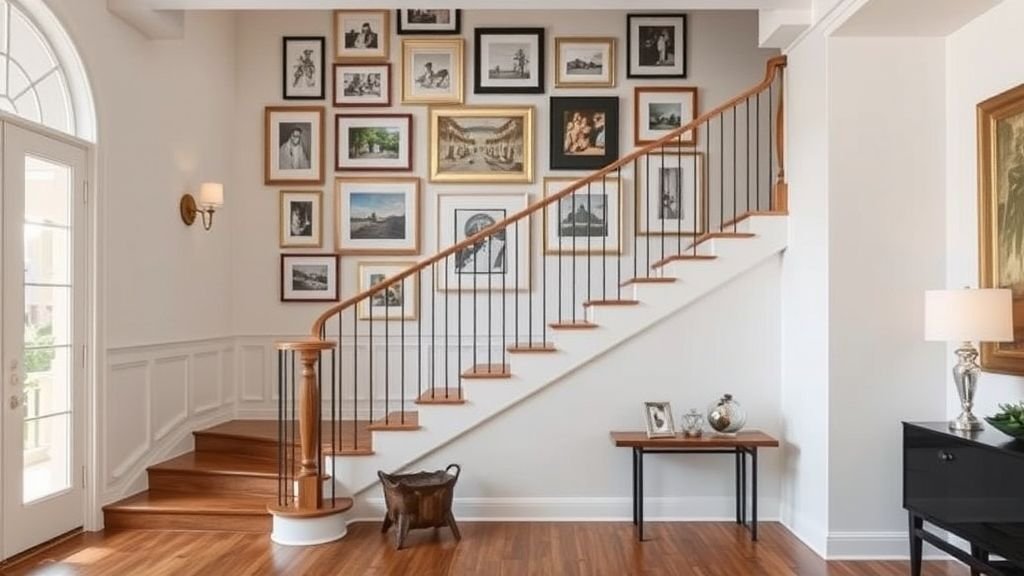 Staircase Makeover Ideas to Transform Your Home 8 staircase with framed photos and art gallery wall beside wooden steps