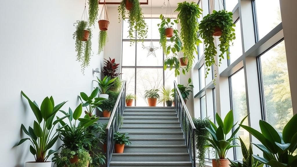 Staircase Makeover Ideas to Transform Your Home 15 staircase with potted plants and hanging greenery in bright modern home