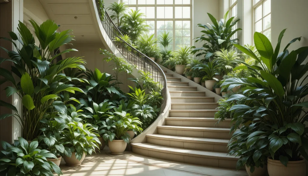 Creative Staircase Transformation Ideas 12 Staircase decorated with lush indoor plants and natural light.