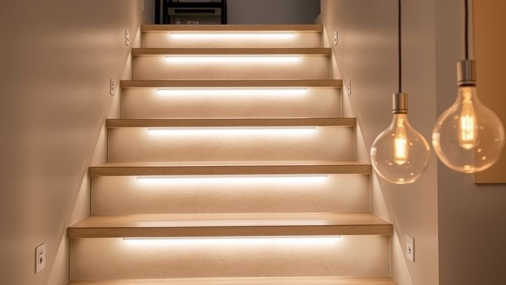 Creative Staircase Transformation Ideas 4 Staircase with LED lights and pendant fixtures creating elegant nighttime lighting.