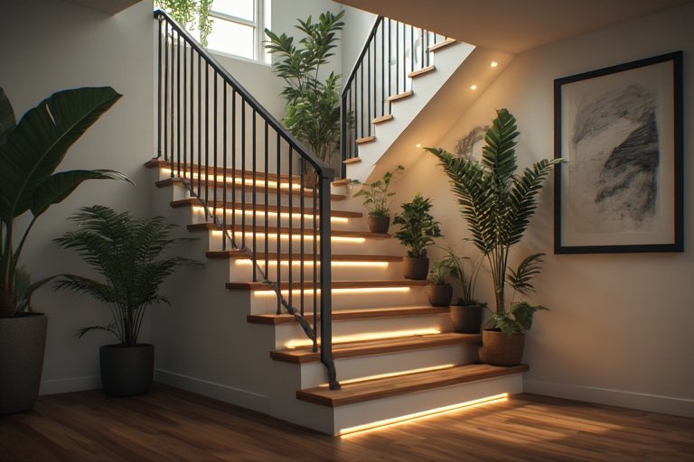 modern wooden staircase with LED lighting and black railing in a stylish home