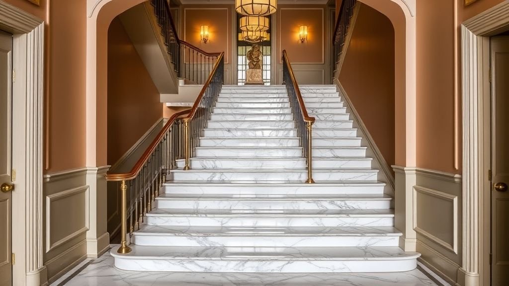 Staircase Makeover Ideas to Transform Your Home 11 staircase with marble treads and brass railing in luxury home
