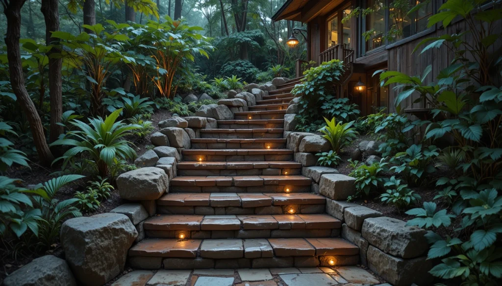 Creative Staircase Transformation Ideas 9 Wooden and stone staircase with rustic natural textures.